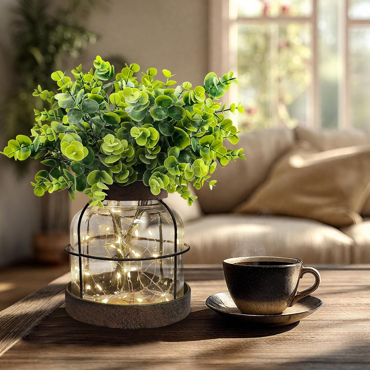 Rustic Farmhouse Glass Vases with Green Artificial Eucalyptus Plants & Lights Primitive Vintage Lantern Home Decor Centerpiece for Counter Coffee Table Shelf Desk Office Dining Room Kitchen Bathroom