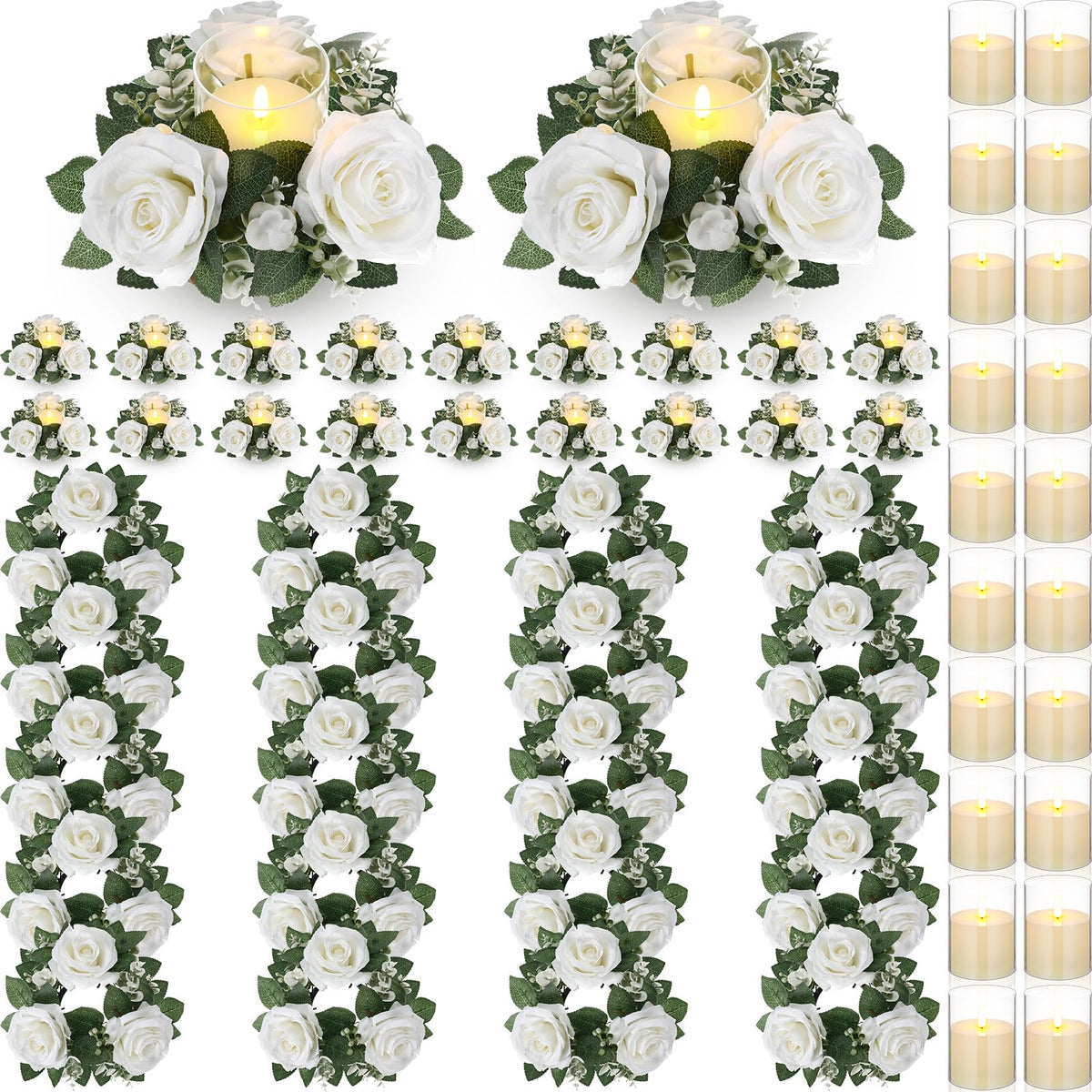 Yunlly 12 Pcs Rose Candle Rings with Candles Sets, White