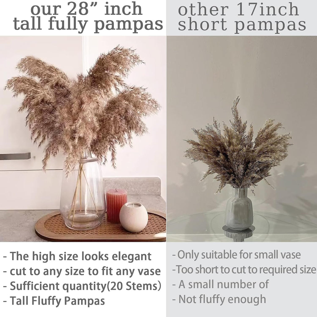 20 Stems 28" Large Brown Pampas Grass - Natural Fluffy Pompas Grass Bulk for Floor Vase - Boho Decor Home Wedding Event Decor, Gift