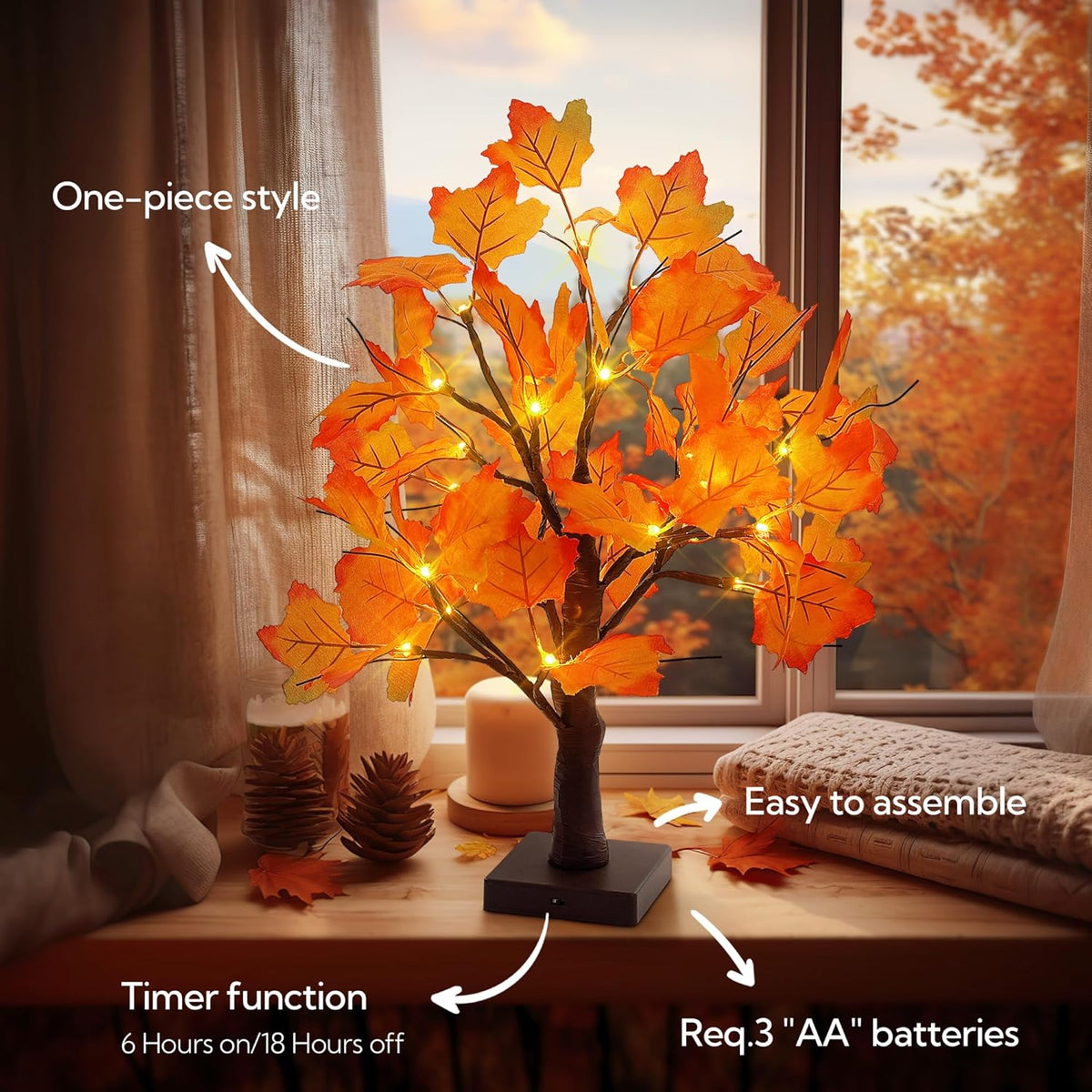 woohaha Lighted Maple Fall Tree Autumn Thanksgiving Tabletop Decor