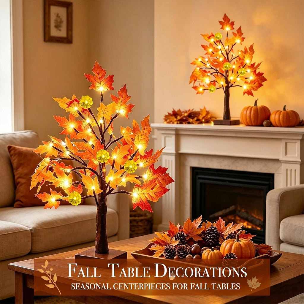 Prelit Fall Maple Tree with Pumpkin Lights Timer 24 Warm White LED 18 Inch
