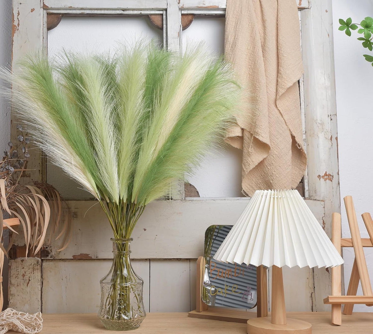 LSKYTOP Green Pampas Grass Decor,23Inch 12pcs Faux Pampas Grass Bouquets Artificial Pampas Fake Pampas Flower for Home Living Room Bedroom Vase Decor