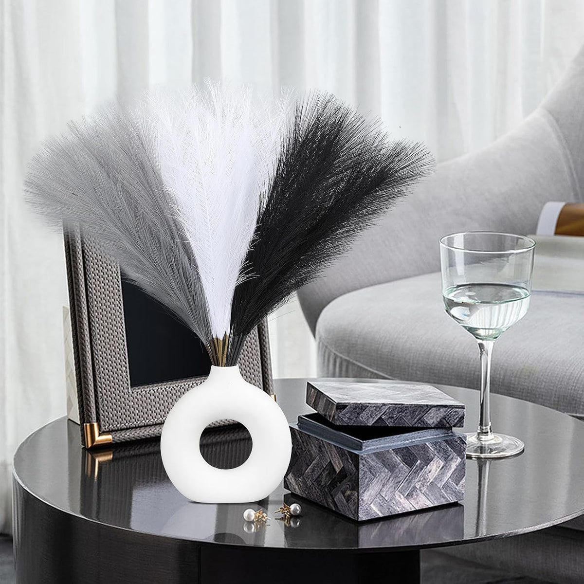 UREYMX Faux Pampas Grass Decor 17.7 Inch 30pcs, Artificial Pampas Grass Fluffy Home Decor, Short Vase Room Decor pompous Grass Flower Arrangement for Boho Home Wedding Decoration (Black,White,Grey)
