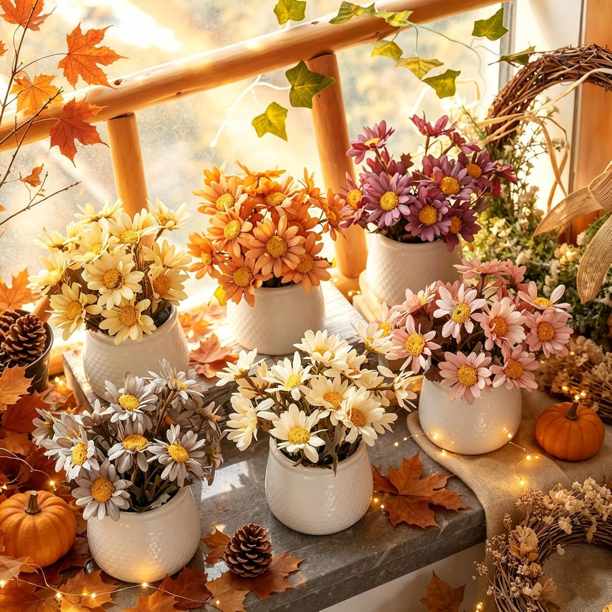 6PCS Artificial Daisy Fall Flower Arrangements with Large Ceramic Pots
