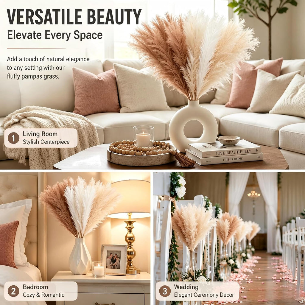 QGG 60 PCS 21.7 Inch Ultra Fluffy FauxPampas Grass, No Shedding ArtificialDried Grass, Boho Home BedroomWedding Vase Filler Floral ArrangementDecor(Sand & Beige & Light Brown)