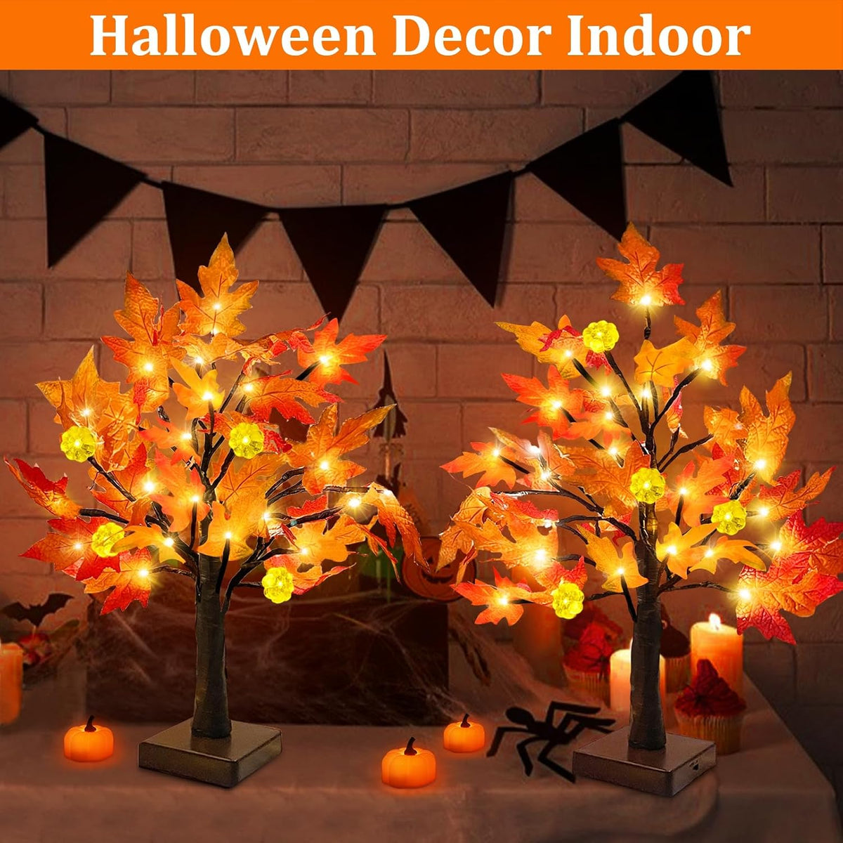 TURNMEON Fall Decor 2 Pack 18 Inch Prelit Fall Maple Tree 48 LEDs Timer