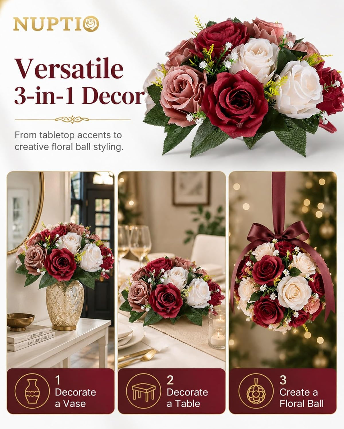 Nuptio Artificial Flower Centrepieces for Tables - 6 Pcs Burgundy & Dusty Rose & Creamy White Fake Flowers Roses Balls 9.5in Diam - Silk Faux Rose Arrangement for Wedding Party Centerpiece Table Decor