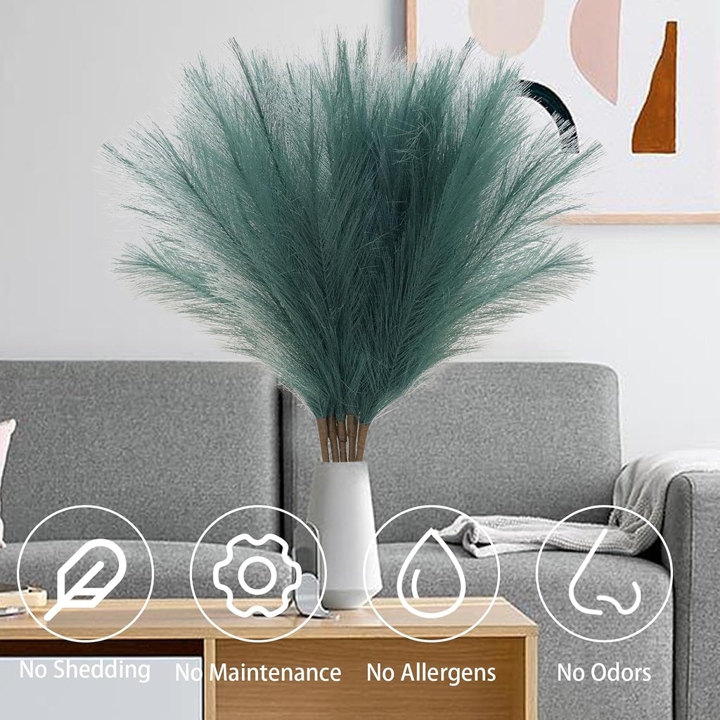 MAKHOT 5 PCS 30" Dark Green Pampas Grass Tall Fluffy, Detachable Faux Bulrush Reed Green Grass for Tall Vase Filler, Artificial Pampas Small Home Vase Decor