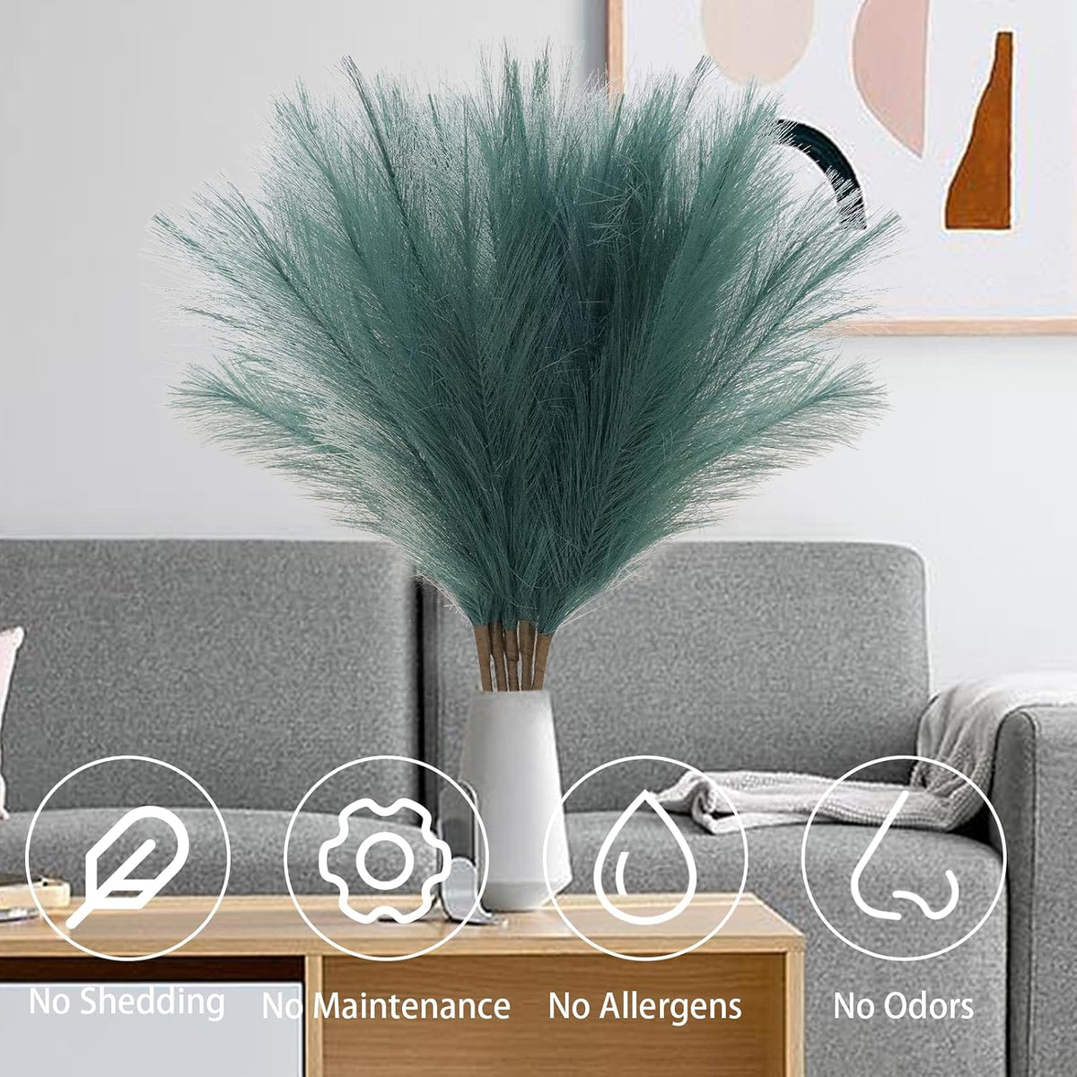 MAKHOT 5 PCS 30" Dark Green Pampas Grass Tall Fluffy, Detachable Faux Bulrush Reed Green Grass for Tall Vase Filler, Artificial Pampas Small Home Vase Decor