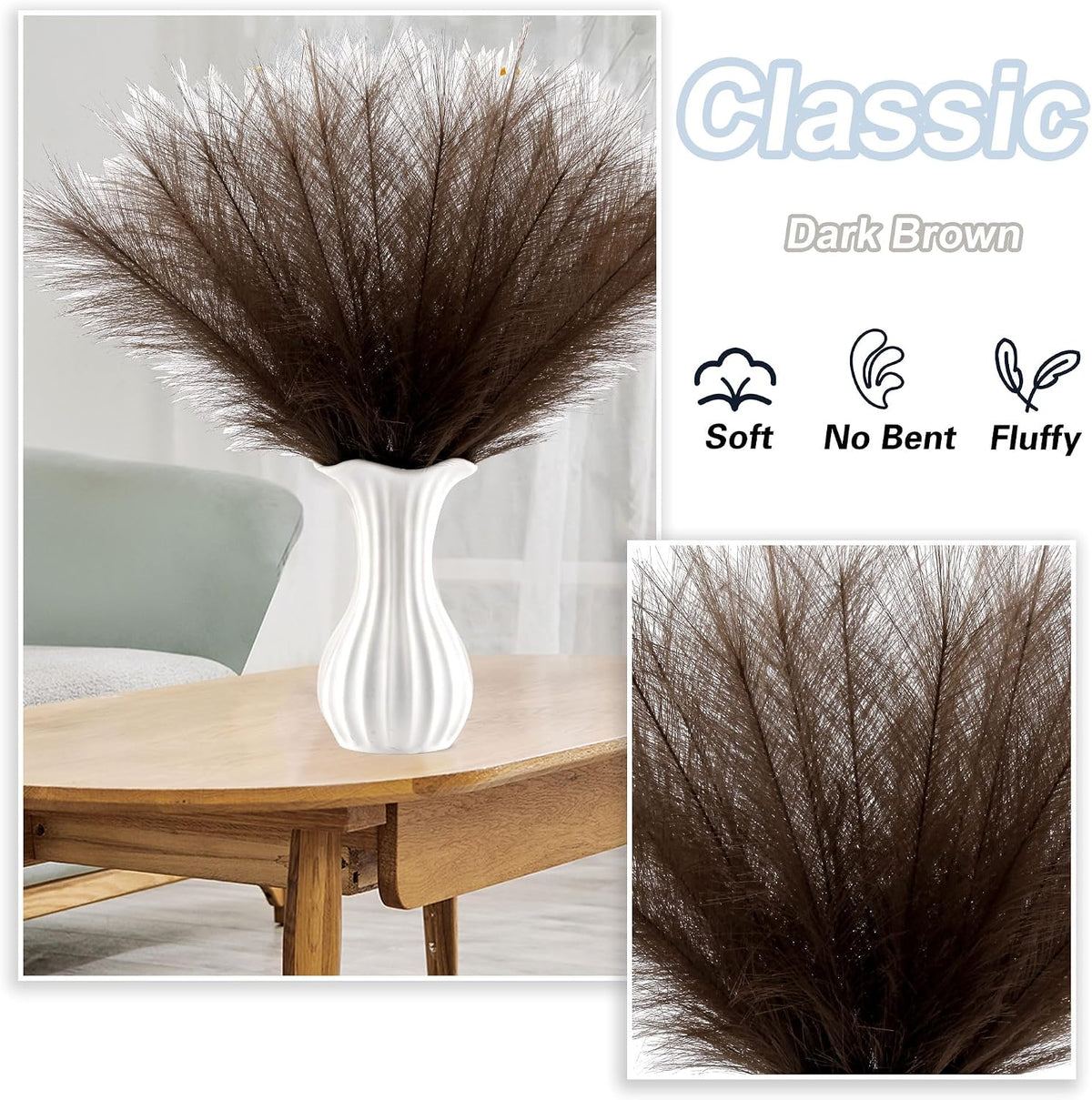 30PCS Dark Brown Faux Pampas Grass 17" for Vase Filler