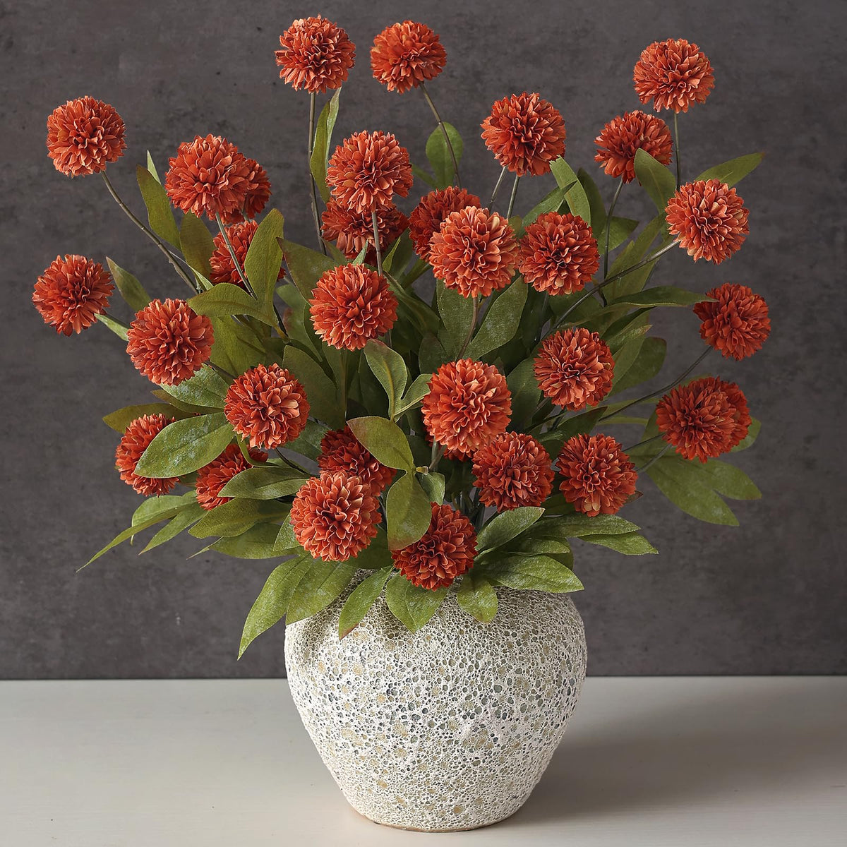 VIERENA 6 Pcs 27" Artificial Fall Pompon Mum Flower Stems for Vase (Orange)