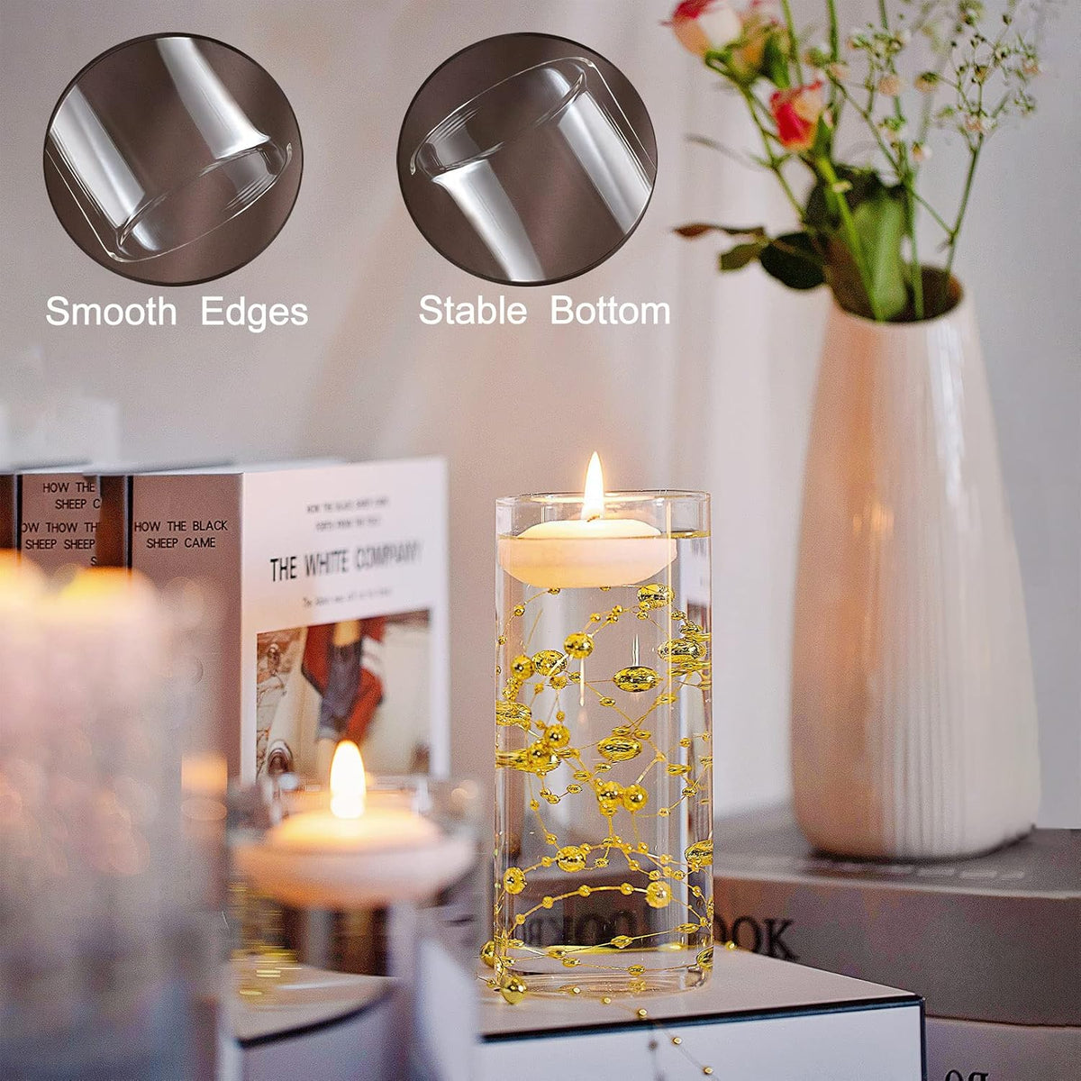 UDU 12 Set Glass Vases for Centerpieces with 24 White Floating Candles 80000 Vase Filler 6 Pearl String Party Event Home Wedding Centerpieces for Tables Decorations