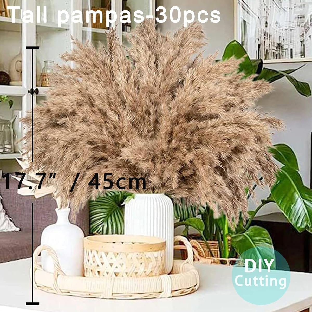 ROOLLYA 17 Inch 20 Stems Natural Pampas Grass Decor - Tall Fluffy Pompas Grass for Floor Vase - Boho Decor Home Wedding Event Decor, 2404-c15-30brown-45cm
