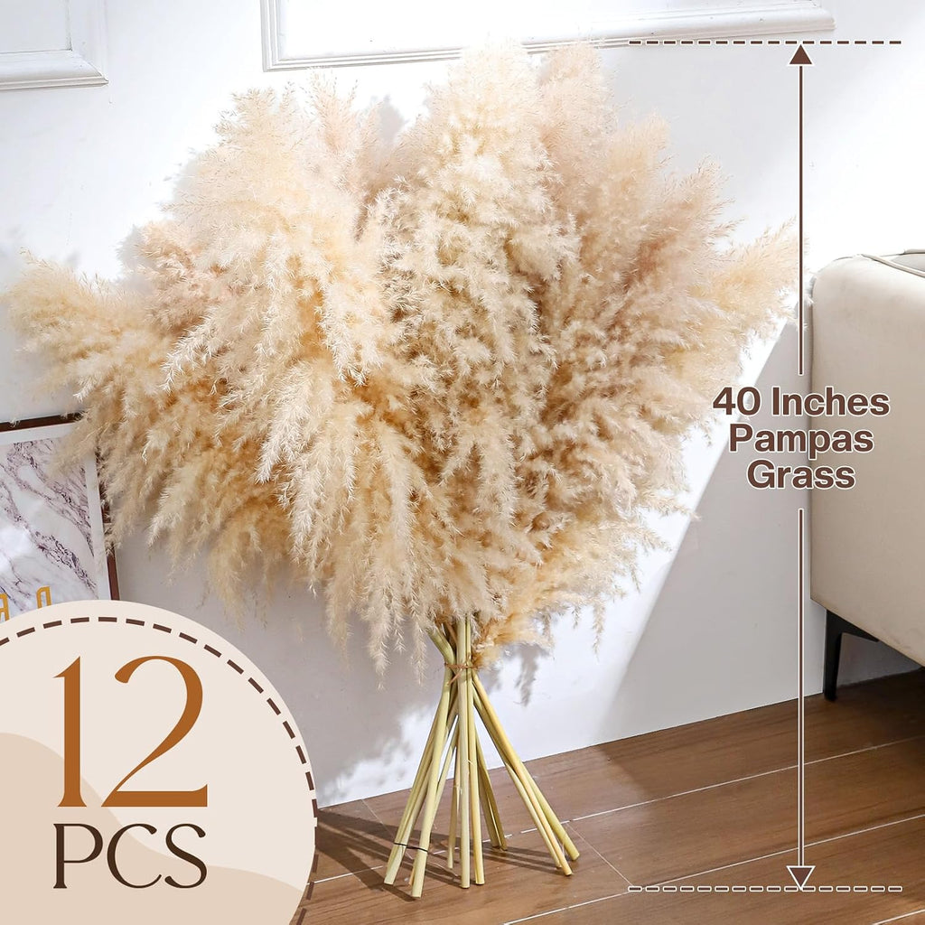 Pasuvsigt 12Pcs 40 Inch Dried Pampas Grass Fluffy Stem Home Wedding Decor