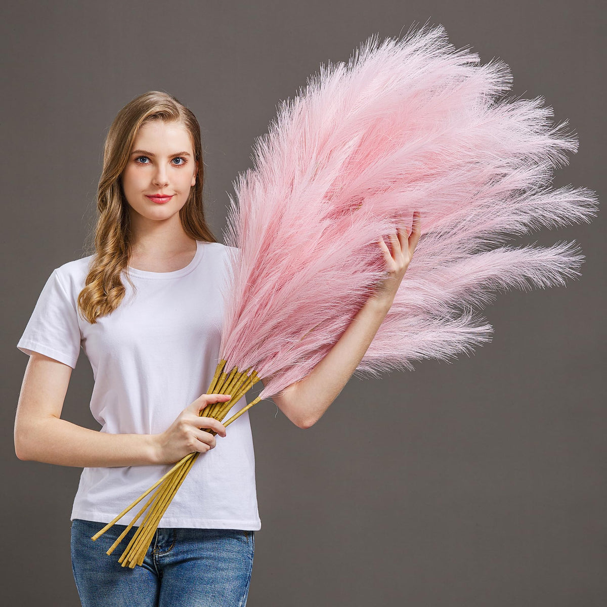 7 Pcs 45" Faux Pampas Grass – Fluffy Artificial Pompous Grass for Tall Floor Vase, Non-Shedding Home Decor, Boho Wedding Flowers, Baby Shower Centerpieces, Bedroom & Living Room Decor (Blue)