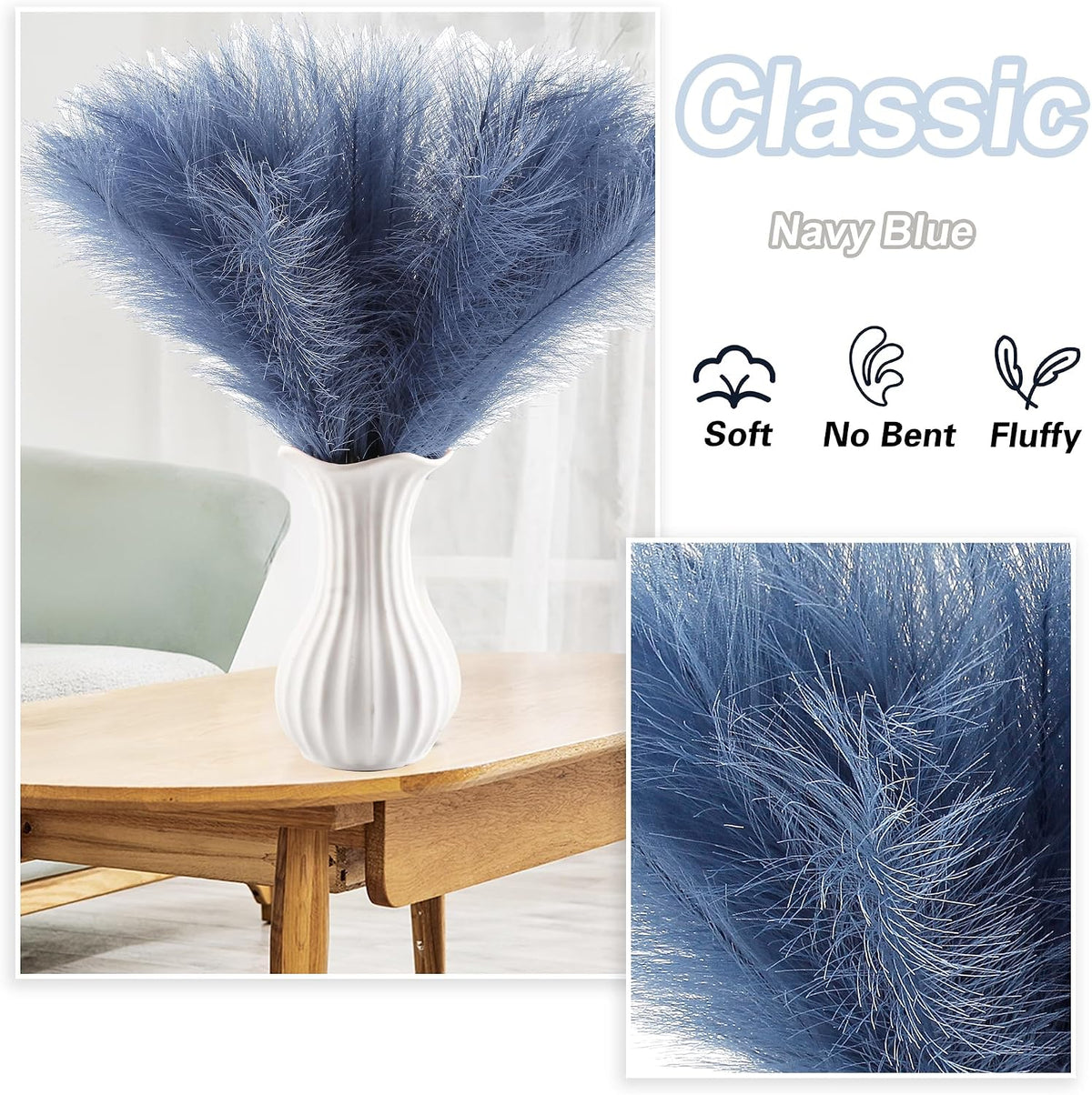 Navy Blue Faux Pampas 60PCS 21.7" for Boho Vase Filler Decor