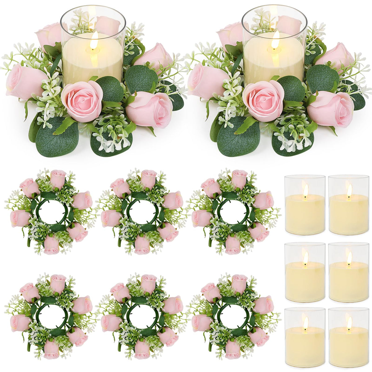 White Rose Candle Rings with Flameless Candles Sets - 12PCS Artificial Flower Eucalyptus Wedding Centerpiece 3 Inch Pillar Candleholders Wreaths for Wedding Party Decor (White - 6 Sets)