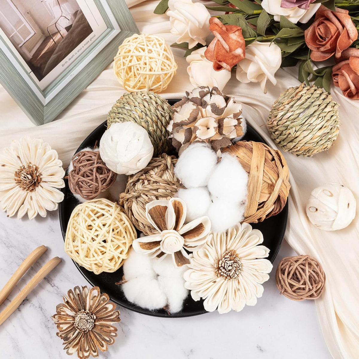 LGFMGWH 17Pcs Vintage Decorative Balls for Potpourri Bowl Filler, Bowl Filler for Table Centerpiece Home Decor, Woven Rattan Wicker Balls, Rattan Wicker Orbs Fillers for Vase Jar Dough Bowl