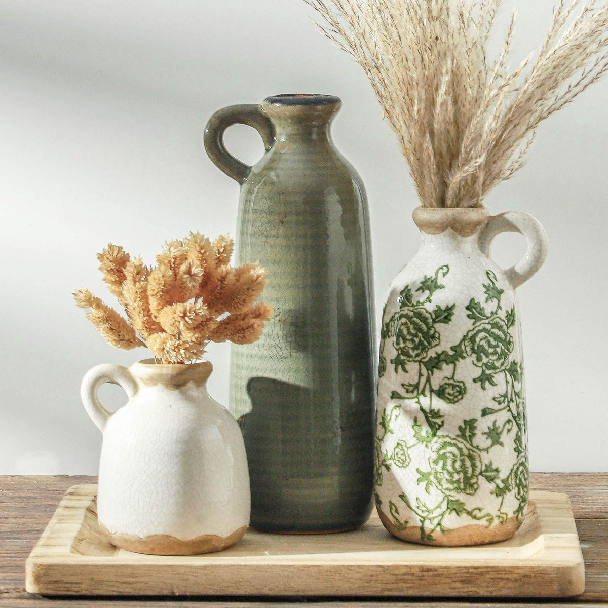 Ceramic Vases Set of 3, Neutral Rustic Farmhouse Vase with Handle, Decorative Flower Vases Home Decor Modern Boho Pampass Vase for Table Mantel Entryway Shelf Living Room Kitchen Bathroom - Brown