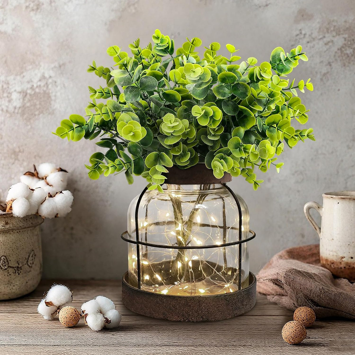 Rustic Farmhouse Glass Vases with Green Artificial Eucalyptus Plants & Lights Primitive Vintage Lantern Home Decor Centerpiece for Counter Coffee Table Shelf Desk Office Dining Room Kitchen Bathroom