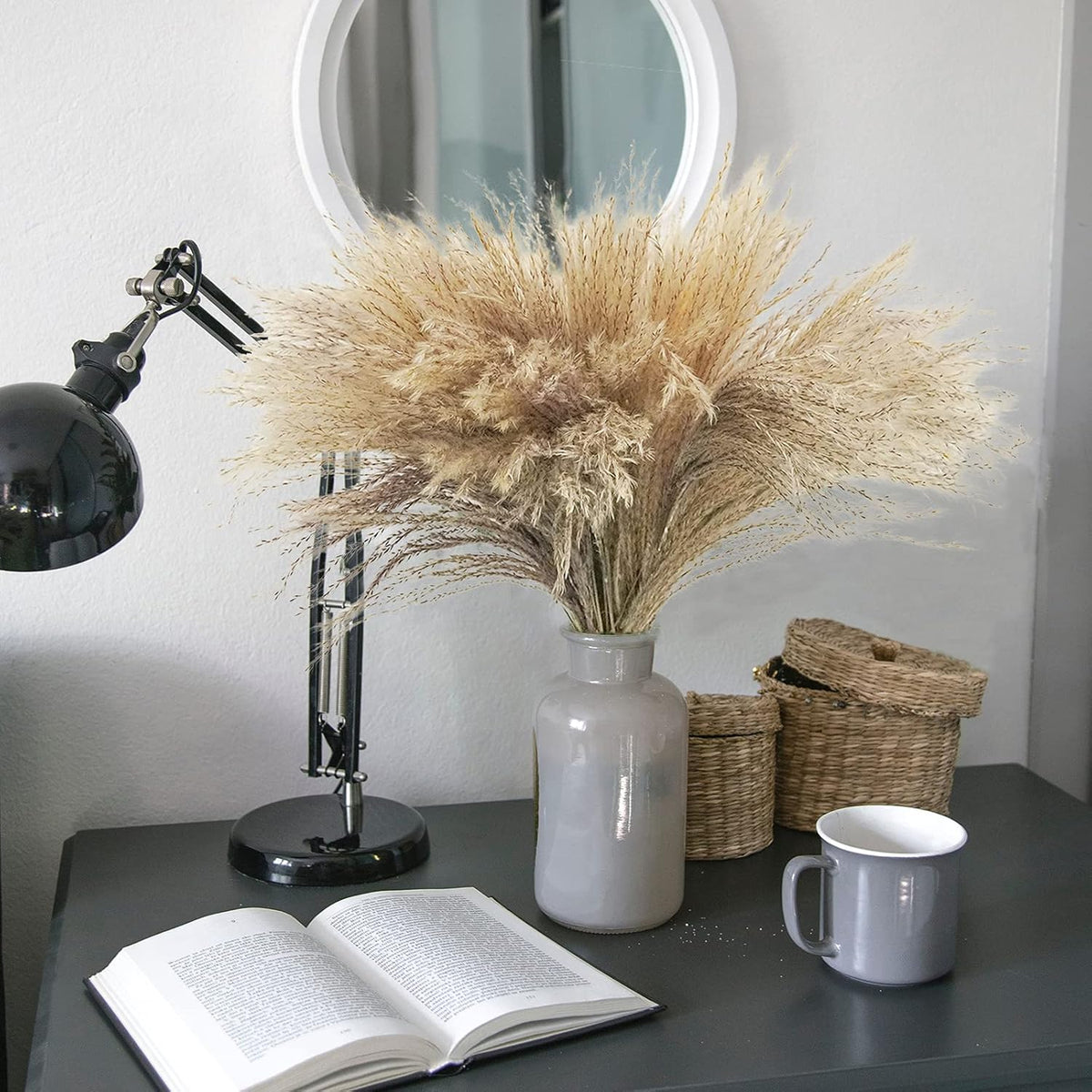 Uieke 100Pcs Natural Dried Pampas Grass Plume 17inch Tall Dried Flowers Large Faux Reed Artificial Plants for Wedding Flower Arrangements Farmhouse Wreath Door Centerpiece Home Décor Brown