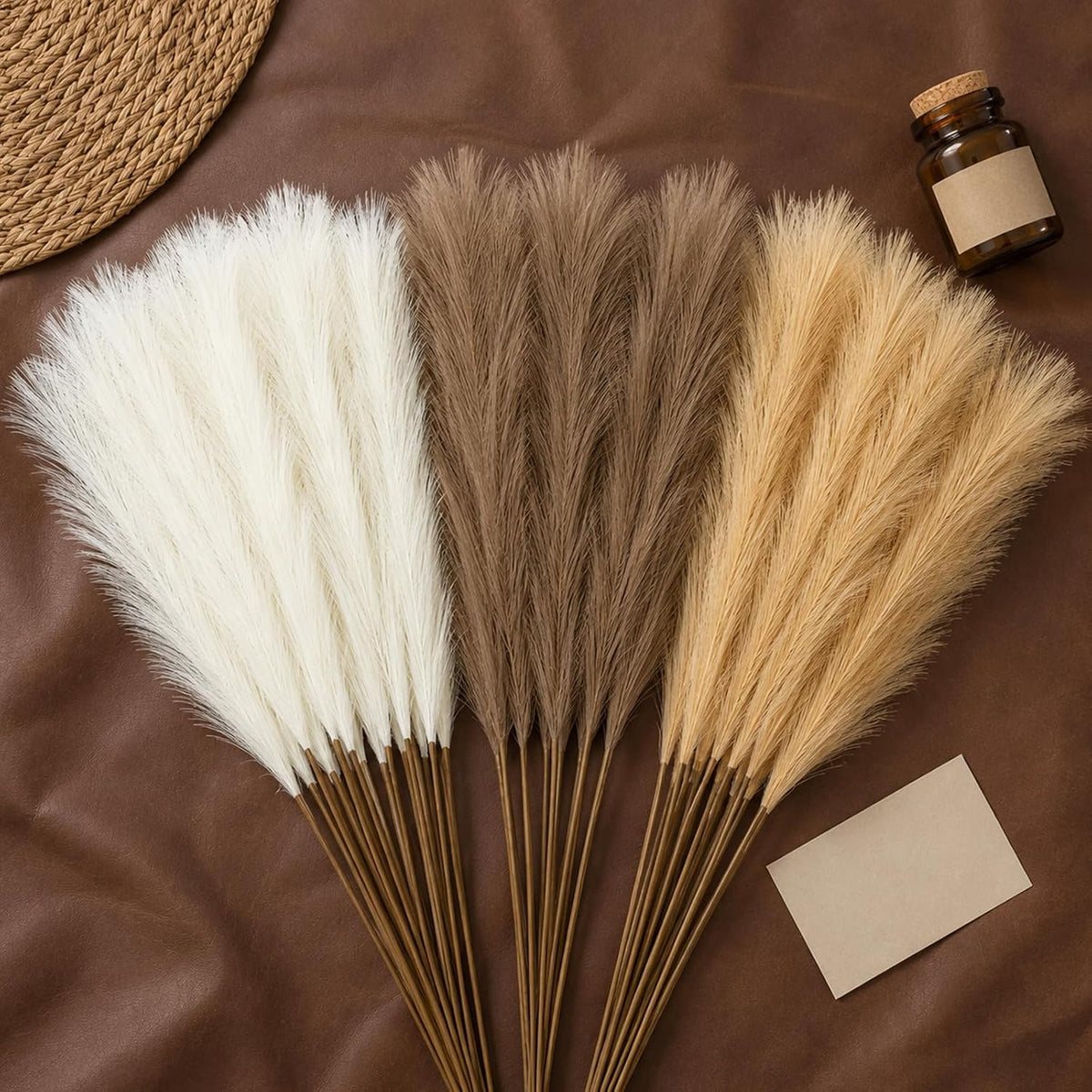 60Pcs 21.7" Artificial Small Pampas Grass Faux Flower Vase Filler Fluffy Faux Short Pampas Grass for Home Wedding Centerpieces Boho Decorations (Iovy & Beige Yellow & Brown)