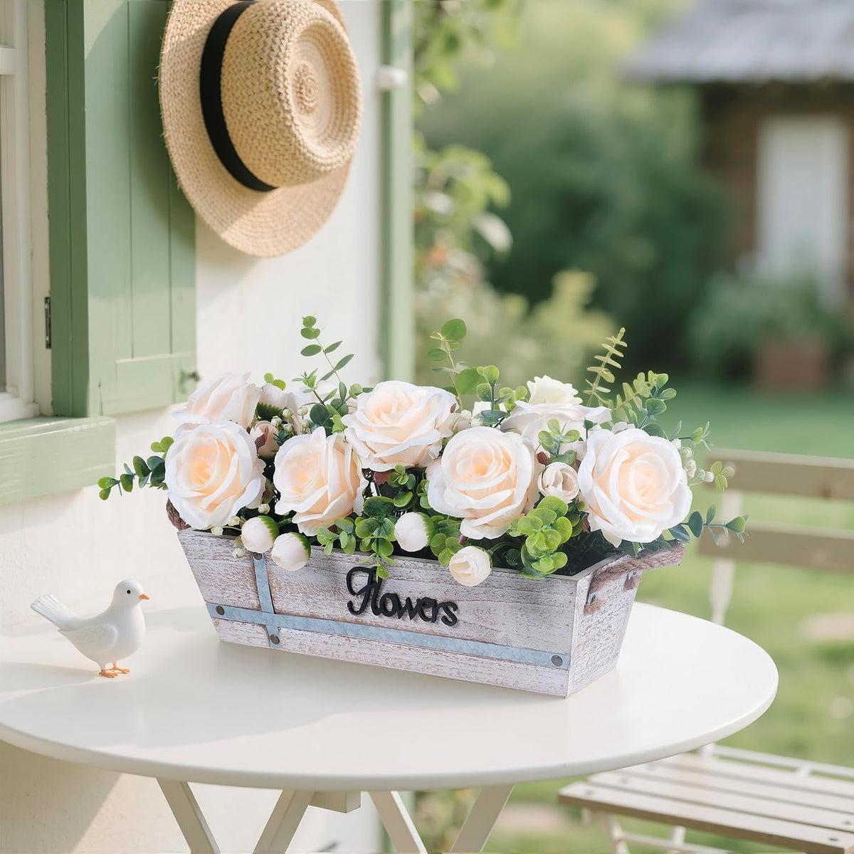 Centerpiece Table Decorations Rustic Wood Tray with 3 Artificial Champagne Rose Flowers and Fake Eucalyptus for Dining Room Farmhouse Living Room Kitchen and Coffee Table Décor