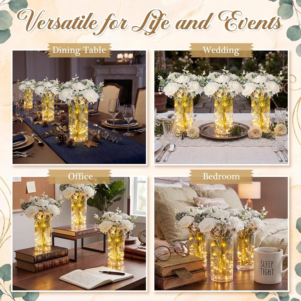 Domensi Set of 6 LED Lighted Floral Table Centerpieces, Faux Roses, Eucalyptus & Baby's Breath in Acrylic Vase, Glowing Rustic Wedding Decor for Bridal Shower, Party & Dining Table(White)