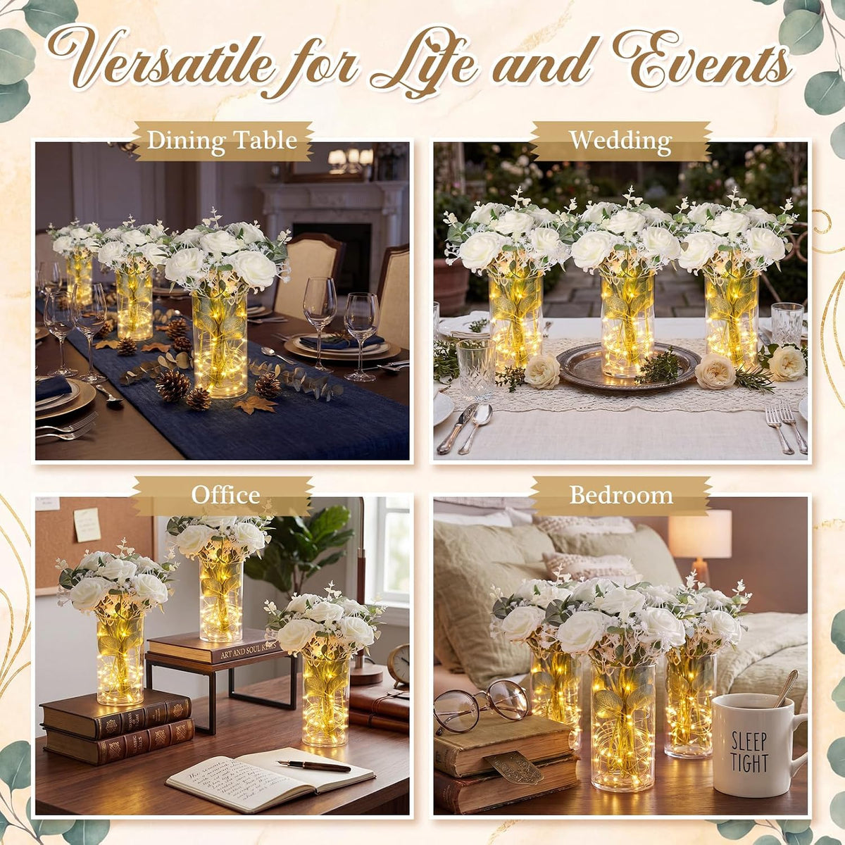 Domensi Set of 6 LED Lighted Floral Table Centerpieces, Faux Roses, Eucalyptus & Baby's Breath in Acrylic Vase, Glowing Rustic Wedding Decor for Bridal Shower, Party & Dining Table(White)