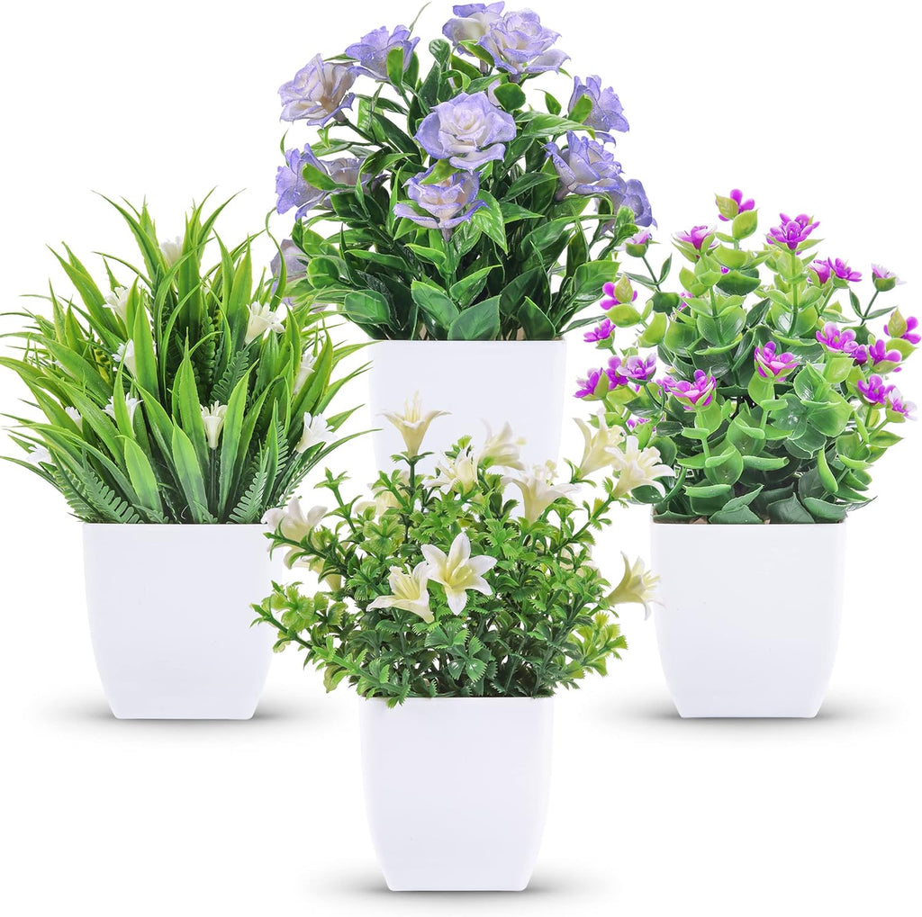 Der Rose 4 Pack Small Fake Plants with Flowers, Spring Home Bathroom Decor