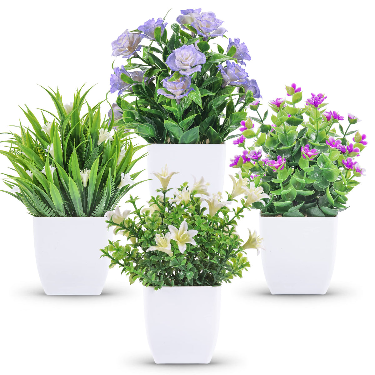 Der Rose 4 Pack Small Fake Plants with Flowers, Spring Home Bathroom Decor
