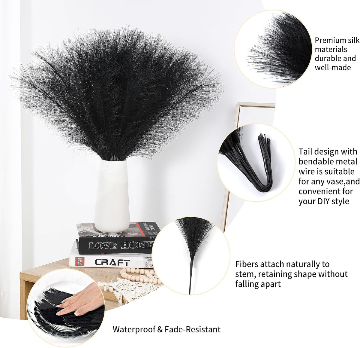 Bpole 36Pcs Black Pampas Grass,21.6 Inch Fluffy Faux Pampas Boho Home Decor