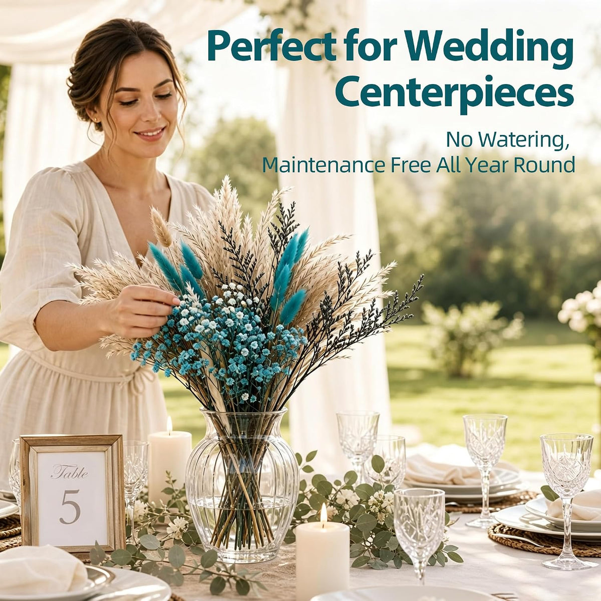 62 Pcs Dried Pampas Grass Bouquet with Turquoise Flowers & Teal Pampas Grass, Natural Blue Pampas Grass Decor for Boho Home, Wedding Centerpieces, Vase Filler and DIY Crafting(LP-PG-01)