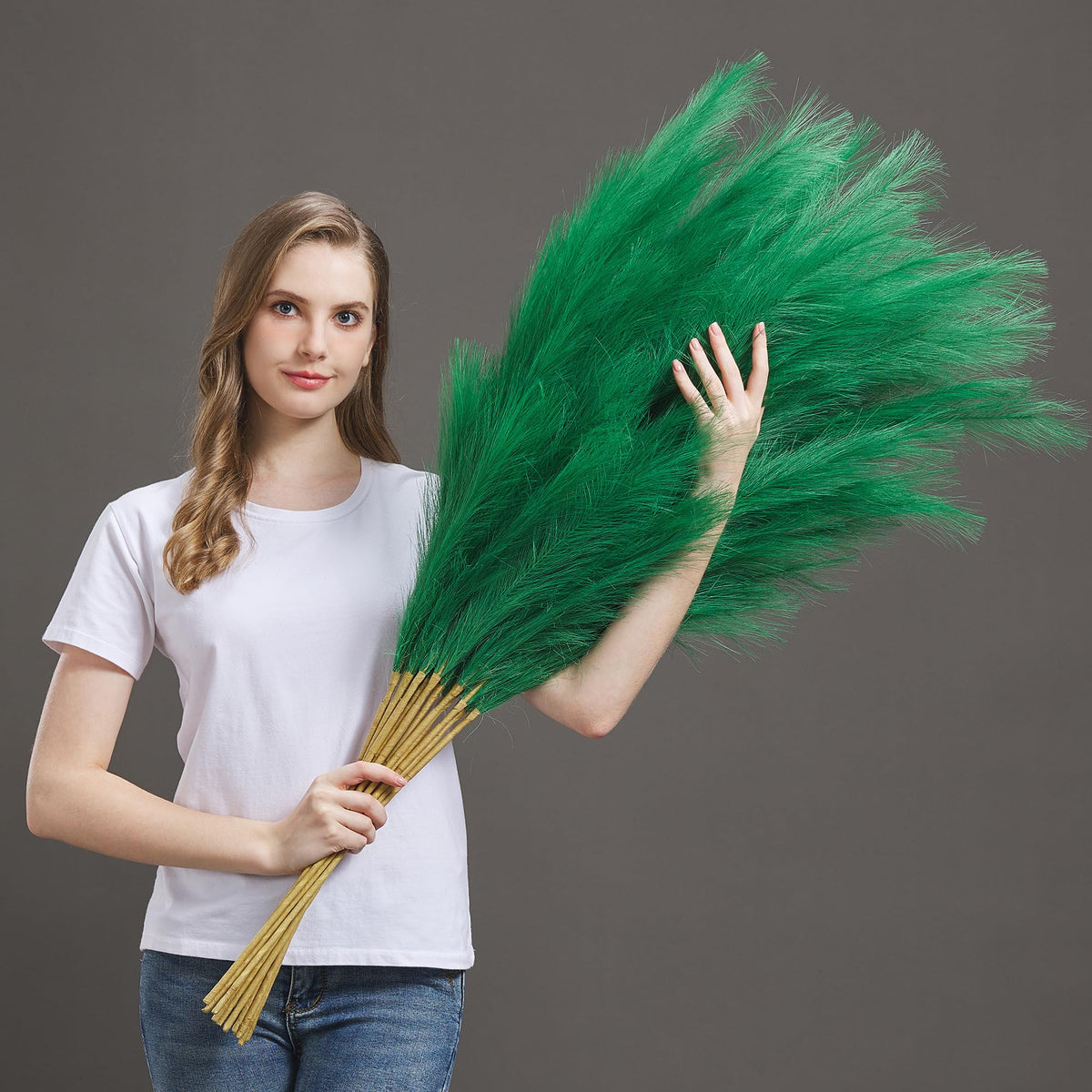 7 Pcs 45" Faux Pampas Grass – Fluffy Artificial Pompous Grass for Tall Floor Vase, Non-Shedding Home Decor, Boho Wedding Flowers, Baby Shower Centerpieces, Bedroom & Living Room Decor (Blue)