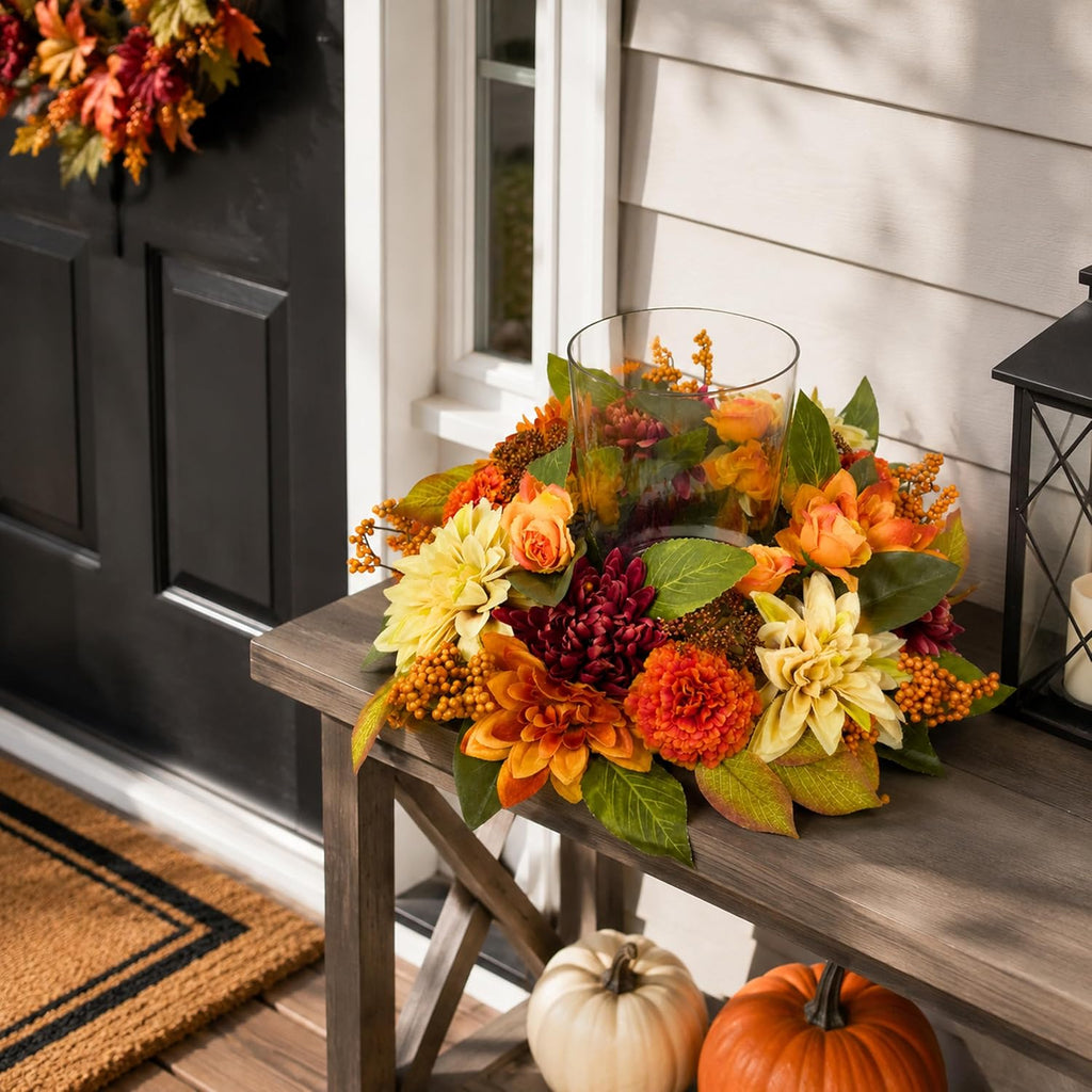 17 Inch Fall Hurricane Candle Holder with Dahlias, Mums and Berries