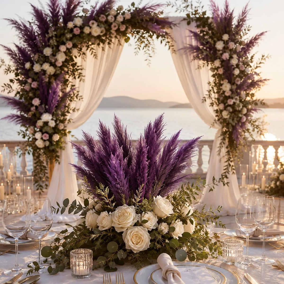 30 Pcs Pampas Grass Stems 21.7 Inches Fake Pampas Grass Artificial Flower Vase Filler for Boho Home Wedding Living Room Bathroom Wall Party Decor (Purple)