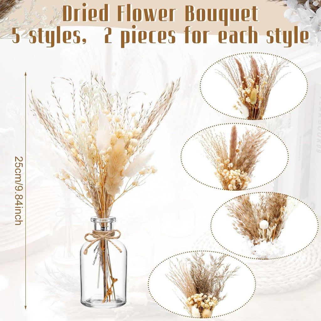 Nuanchu 10 Pcs Dried Pampas Grass Centerpiece with 10 Glass Vase, Rope
