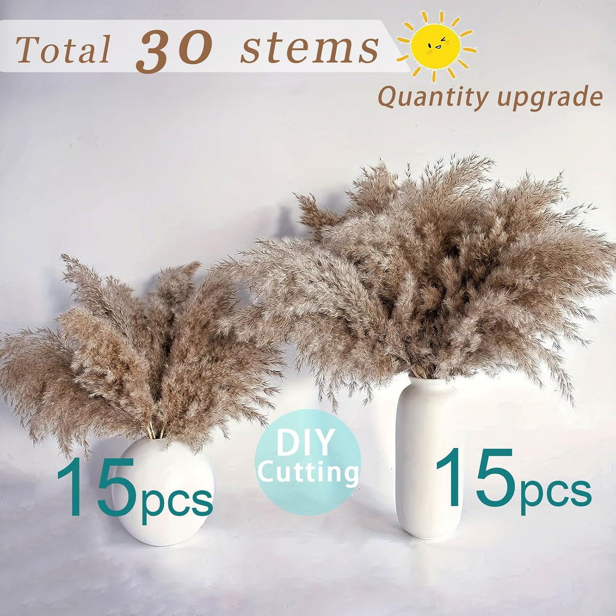 ROOLLYA 17 Inch 20 Stems Natural Pampas Grass Decor - Tall Fluffy Pompas Grass for Floor Vase - Boho Decor Home Wedding Event Decor, 2404-c15-30brown-45cm