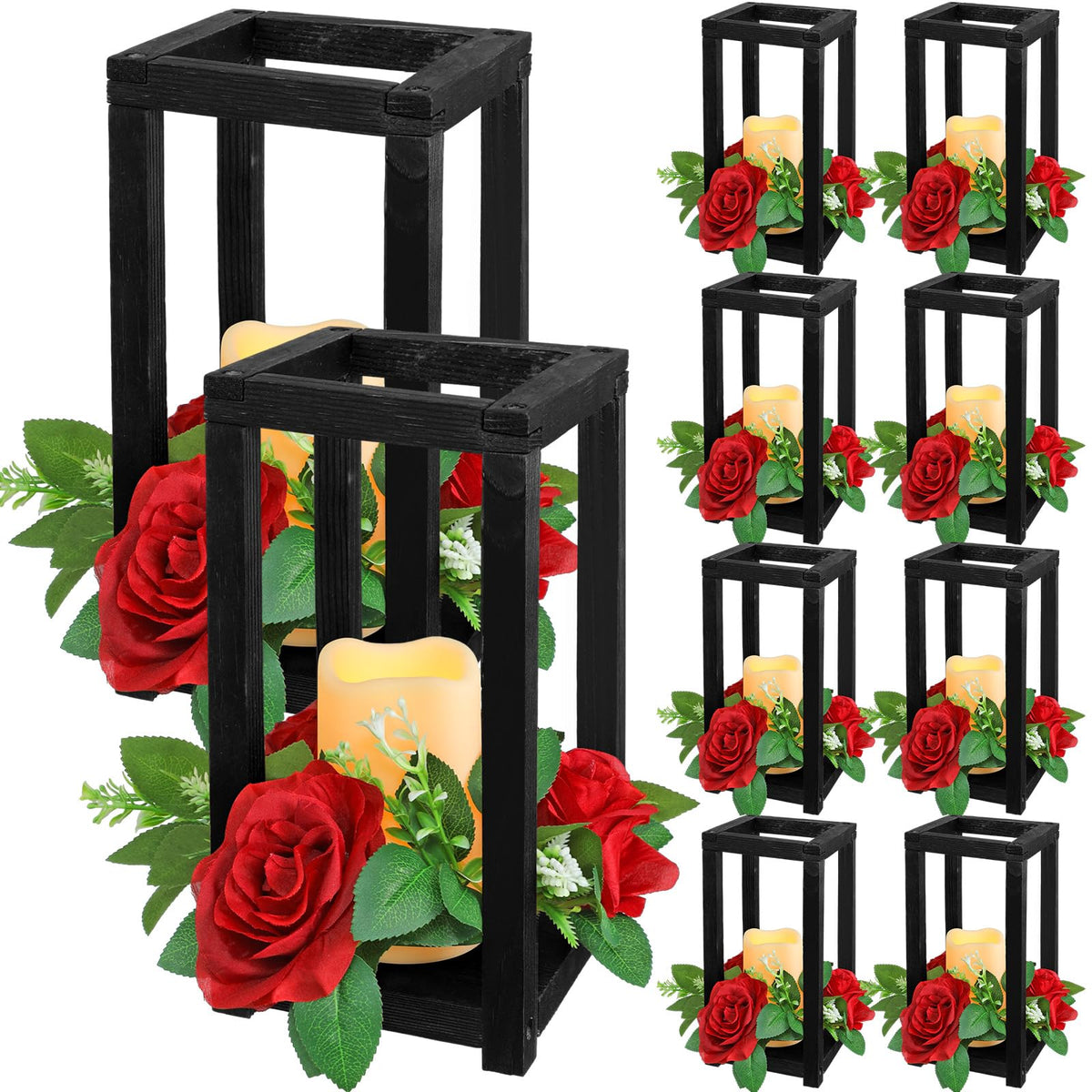 Hushee 30 Pcs Wooden Wedding Lantern Centerpiece, Red Rose, Brown