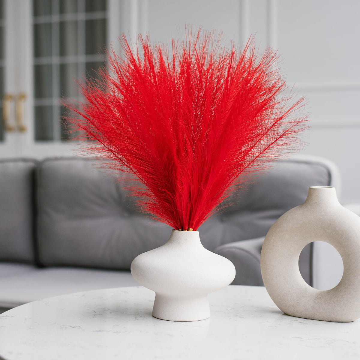Faux Pampas Grass, 18"/45cm Artificial Pampas Grass Fluffy 6 Stem pompous Grass Flower Arrangement for Boho Home Wedding Decoration (Beige,Taupe)