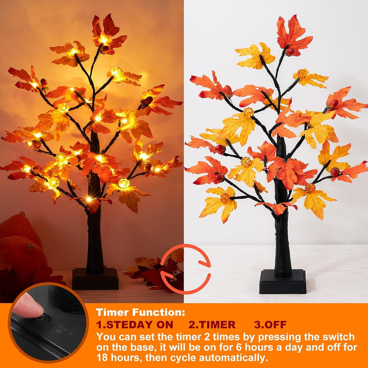 Fall Decor 2 Pack 24 Inch Maple Tree Lights - 48 LED Autumn Decorations with Pumpkins & Acorns, Timer, USB & Battery Powered - Thanksgiving Decorations for Home Table Indoor Fireplace
