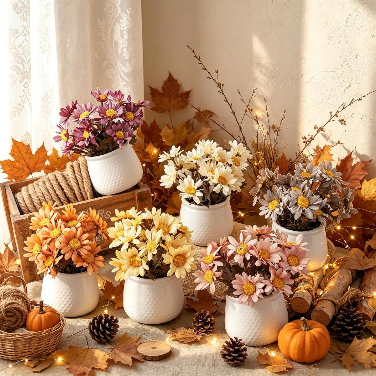 6PCS Artificial Daisy Fall Flower Arrangements with Large Ceramic Pots