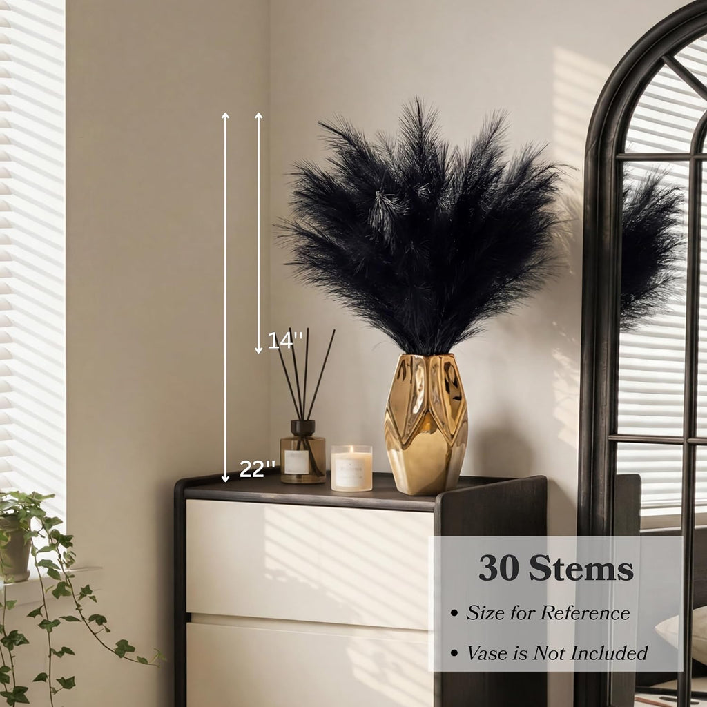 30Pcs Black Pampas Grass Decor, 22'' Fluffy Faux Pampas Grass Branches for Vase Fillers, Short Artificial Pompous Feathers for Home Room Centerpieces Wedding Gothic Decor