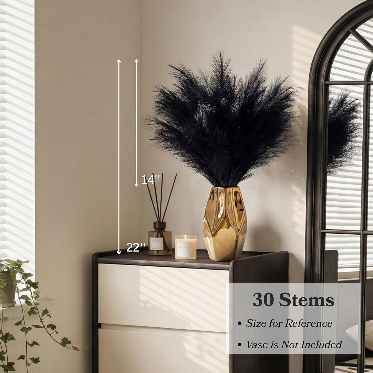 30Pcs Black Pampas Grass Decor, 22'' Fluffy Faux Pampas Grass Branches for Vase Fillers, Short Artificial Pompous Feathers for Home Room Centerpieces Wedding Gothic Decor