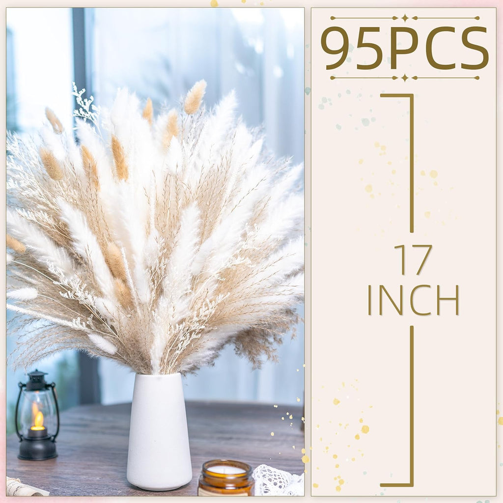 floradream 95 PCS Natural Pampas Grass Decor Bouquet | Boho Dried Floral Arrangement Centerpiece Table Decor Wedding Decor Rustic Decor, Natural, white, beige (Fdm-b-01)