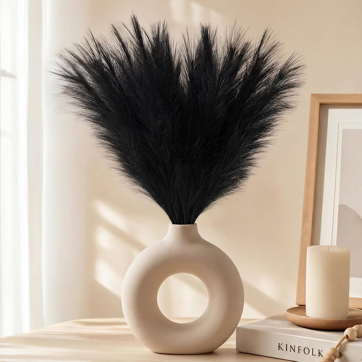 30Pcs Black Pampas Grass Decor, 22'' Fluffy Faux Pampas Grass Branches for Vase Fillers, Short Artificial Pompous Feathers for Home Room Centerpieces Wedding Gothic Decor