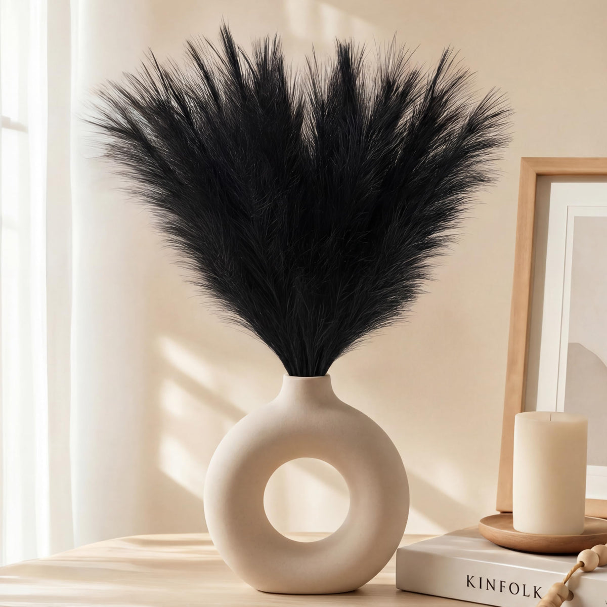 30Pcs Black Pampas Grass Decor, 22'' Fluffy Faux Pampas Grass Branches for Vase Fillers, Short Artificial Pompous Feathers for Home Room Centerpieces Wedding Gothic Decor