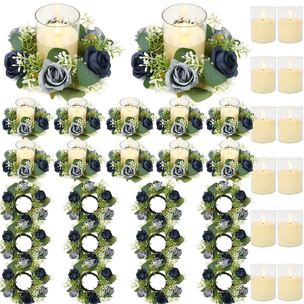 White Rose Candle Rings with Flameless Candles Sets - 12PCS Artificial Flower Eucalyptus Wedding Centerpiece 3 Inch Pillar Candleholders Wreaths for Wedding Party Decor (White - 6 Sets)