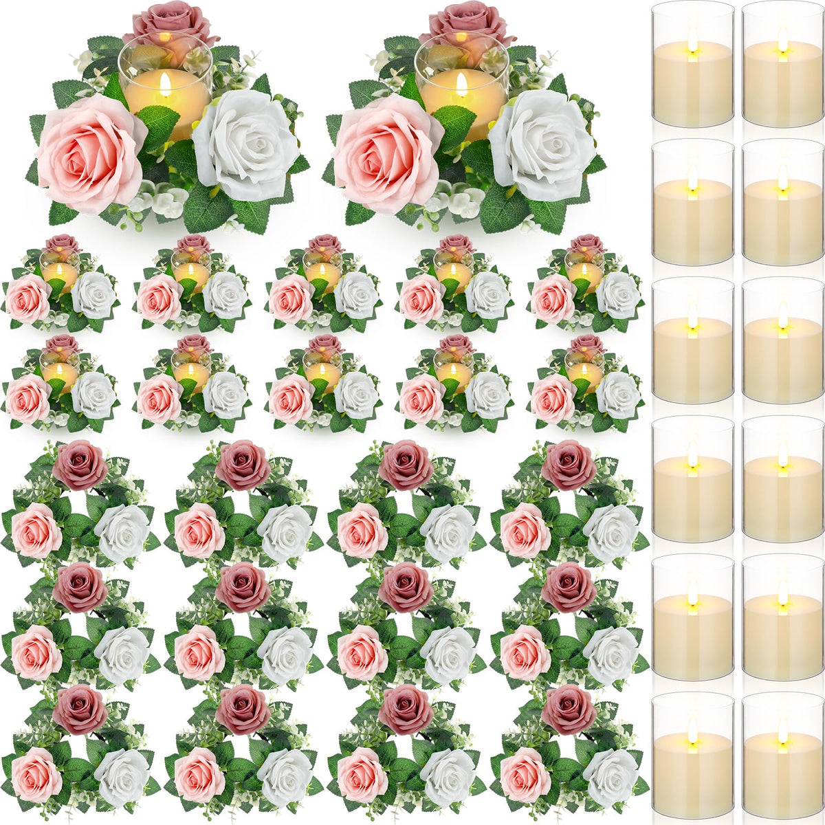 Yunlly 12 Pcs Rose Candle Rings with Candles Sets, White