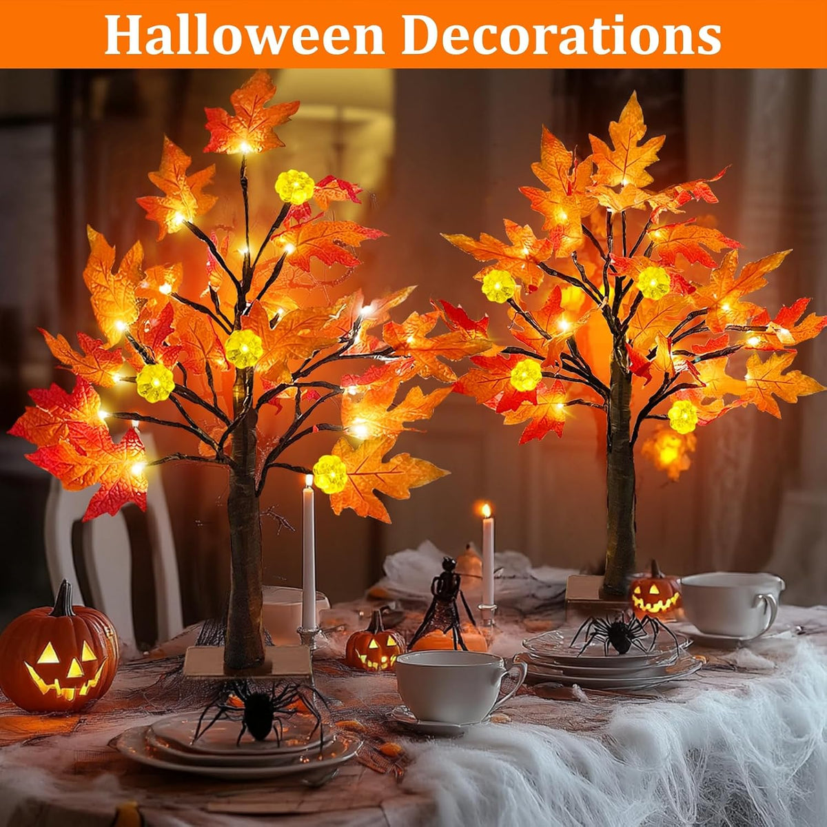 TURNMEON Fall Decor 2 Pack 24 Inch Prelit Fall Maple Tree 48 LEDs Timer